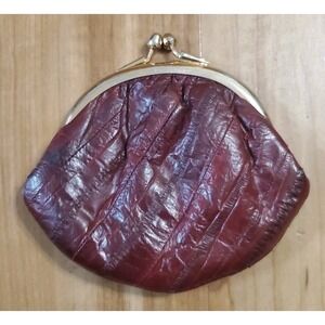 Vintage Burgundy Leather Kiss Lock Coin Eel Skin Purse with Silver Tone Clasp